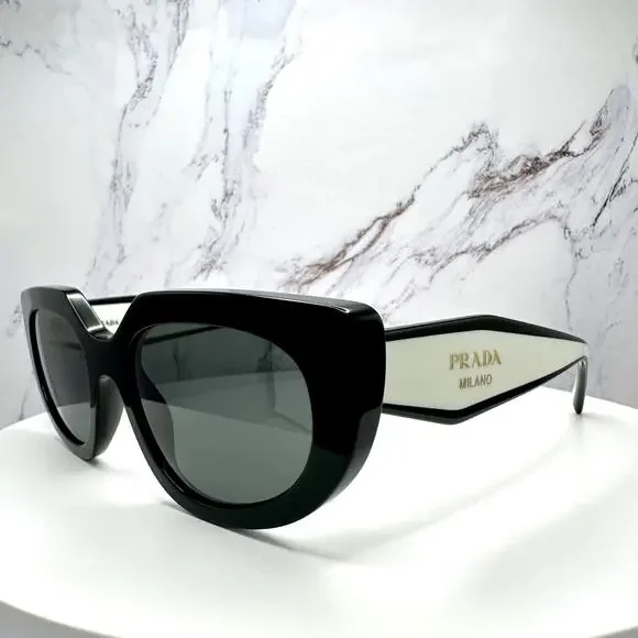 New PRADA Sunglasses Black White Talc Gold Symbole Oval Cat Eye Womens - Picture 3 of 16